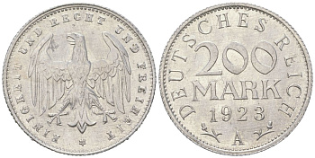 Германия 200 марок 1923 A KM 35, J. 304 алюминий aUNC 4119-756