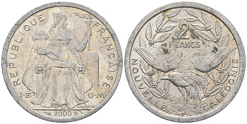 Французская Новая Каледония 2 франка 2000 птица кагу, (IEOM) KM 14, Schoen 11, Lec 68e алюминий    25-733