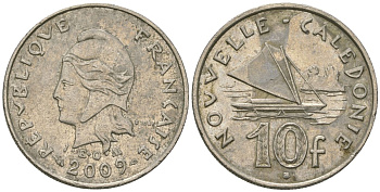 Французская Новая Каледония 10 франков 2009 рыбачья парусная лодка, (IEOM) KM 11a, Schoen 13a, Lec 99k медно-никель 60-1331