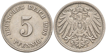 Германия 5 пфеннигов 1908 A KM 11, Jager 12, Weege 6 медно-никель 4151-468