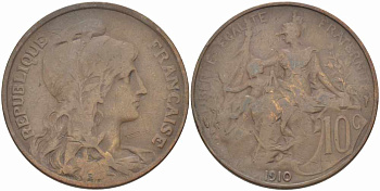 ФРАНЦИЯ 10 САНТИМОВ 1910 ТИП ДАНИЭЛЬ ДЮПЮИ KM 843, LA FRANC 136.20 бронза 109-243