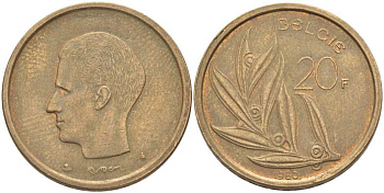 БЕЛЬГИЯ 20 ФРАНКОВ 1980 BELGIE, БОДУЭН I (1951-1993) KM 160 никель бронза 115-721