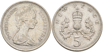 Великобритания 5 пенсов 1970 Елизавета II (1952-2022) KM 911, Spink 4233 (D1) медно-никель 4561-613