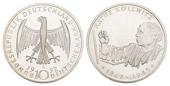 ФРГ 10 марок 1992 G, 125 лет со дня рождения Кете Кольвиц KM 178 серебро UNC 4634-1012