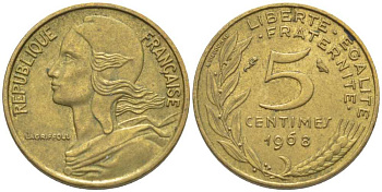 ФРАНЦИЯ 5 САНТИМОВ 1968 ТИП MARIANNE KM 933, LE FRANC 125.4 алюминиевая бронза 116-442