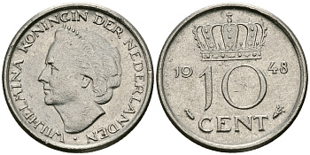Нидерланды 10 центов 1948 Вильгельмина (1895-1948) KM 177 никель 96-534