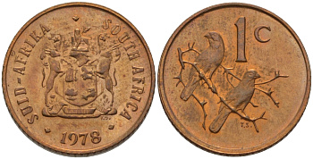 ЮАР 1 ЦЕНТ 1978 ГЕРБ, КАПСКИЕ ВОРОБЬИ KM 82 бронза UNC 66-259