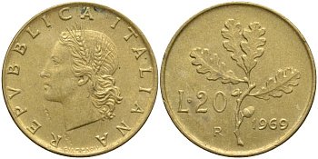 Италия 20 лир 1969 R, дубовая ветвь KM 97.1 алюминиевая бронза 4171-852