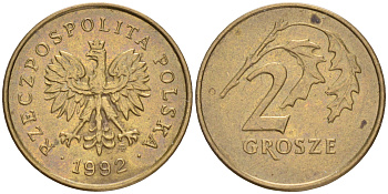 ПОЛЬША 2 ГРОША 1992 MW KM 277 латунь 4516-1055