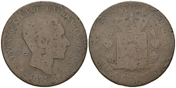 Испания 10 сентимо 1877 OM, Альфонсо XII (1874-1885) KM 675 бронза 4616-822