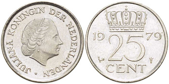 Нидерланды 25 центов 1979 Юлиана (1949-1980) KM 183 никель 214-1121