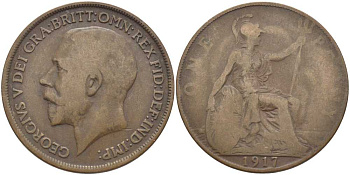 Великобритания 1 пенни 1917 Георг V (1910-1936) KM 810, Spink 4051 бронза 111-1242