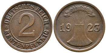 ГЕРМАНИЯ 2 РЕНТЕНПФЕННИГА 1923 D KM 31, J. 307 бронза 24-344