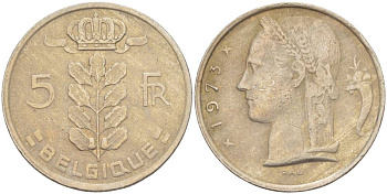БЕЛЬГИЯ 5 ФРАНКОВ 1973 BELGIQUE, БОДУЭН I (1951-1993) KM 134.1 медно-никель 4546-324