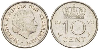 НИДЕРЛАНДЫ 10 ЦЕНТОВ 1975 ЮЛИАНА (1948-1980) KM 182 никель 211-1222