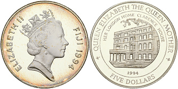 Фиджи 5 долларов 1994 Кларенс-хаус, дом королевы матери KM 69 серебро PROOF 11-073-13