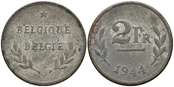 Бельгия 2 франка 1944 год тип KM 133 сталь плакированная цинком    4598-114