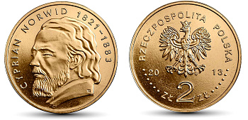 Польша 2 злотых 2013 MW, Циприан Камиль Норвид KM 856 нордик UNC 4676-951
