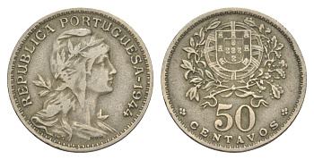 Португалия 50 сентаво 1944 голова свободы вправо KM 577 никель латунь 4566-235