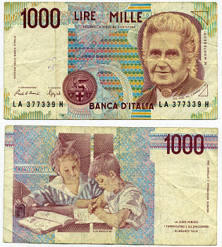 Италия 1000 лир 1990 Мария Монтессори Pick 114а бумага 8564-4-2-1