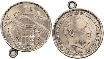 Испания 25 песет 1957(65) Франциско Франко (1939-1975), кулон, с кольцом для ношения KM 787 медно-никель 4583-1045