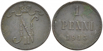 РОССИЯ ДЛЯ ФИНЛЯНДИИ 1 ПЕННИ 1915 НИКОЛАЙ II KM 13, Биткин 475 медь 4396-1457