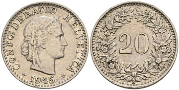 Швейцария 20 раппенов 1945 B KM 29a медно-никель 4606-747