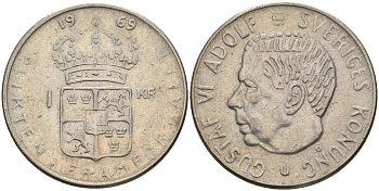 Швеция 1 крона 1969 U, Густав VI Адольф (1950-1973) KM 826a медь плакированный медно-никелем 4150-252