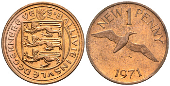 Гернси 1 пенc 1971 Елизавета II (1952-2022), северная олуша в полете KM 21 бронза  UNC  220-1218