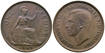 Великобритания 1 пенни 1945 Георг VI (1936-1952) KM 845, Spink 4114 бронза 4680-136