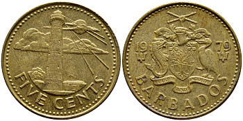 Барбадос 5 центов 1979 маяк Саут-Пойнт KM 11 латунь 4398-526