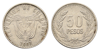 Колумбия 50 песо 2007 KM 283 медь цинк никель aUNC 4696-1242