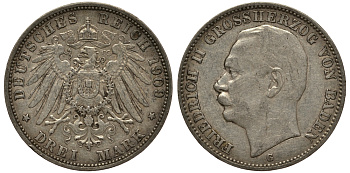 Баден 3 марки 1909 Фридрих II (1907-1918) J. 39, KM 280 серебро    3711-1623