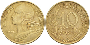 Франция 10 сантимов 1967 тип Marianne KM 929, Le Franc 144.7 медь алюминий никель 212-1237