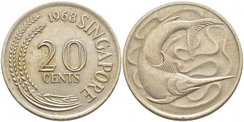 СИНГАПУР 20 ЦЕНТОВ 1968 ГОЛУБОЙ МАРЛИН, ТУНЕЦ KM 4 медно-никель 3856-912