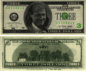 США 3 ДОЛЛАРА 1996 СУВЕНИРНАЯ БАНКНОТА, БИЛЛ КЛИНТОН В ПАРИКЕ БЕНДЖАМИНА ФРАНКЛИНА бумага UNC (ПРЕСС) 7198-44-4-2