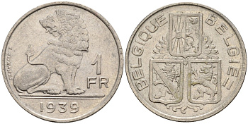 Бельгия 1 франк 1939 BELGIQUE KM 90 никель 4143-553