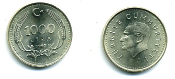 Турция 1000 лир 1990 Кемаль Ататюрк KM 997 медь цинк никель 25-411