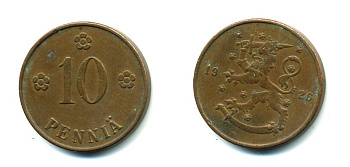 Финляндия 10 пенни 1926 республика (1918-1962) KM 24 медь 46-1512