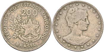 Бразилия 200 рейс 1901 голова свободы вправо KM 504 медно-никель 4589-1123