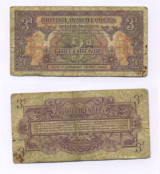 Великобритания 3 пенса 1946 первая серия, для вооруженных сил, специальный ваучер Pick M9а бумага 6318-3-1-1
