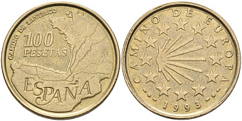 Испания 100 песет 1993 Евросоюз, Хуан Карлос I (1975-2001) KM 922 алюминиевая бронза 4583-946