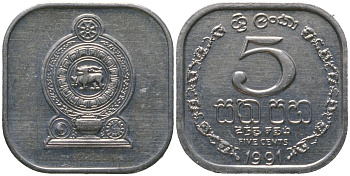 Шри-Ланка 5 центов 1991 KM 139a алюминий aUNC 4567-765