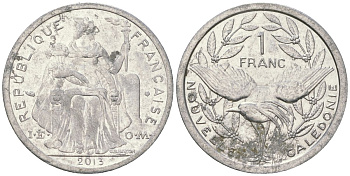Французская Новая Каледония 1 франк 2013 птица кагу, (IEOM) KM 10, Schoen 10 алюминий 31-946