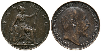 Великобритания 1 фартинг 1905 Эдуард VII (1901-1910), KM 792, Spink 3992 бронза 34-931