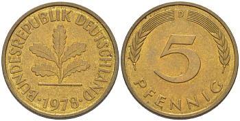 ФРГ 5 ПФЕННИГОВ 1978 D KM 107, J. 382 сталь плакированная латунью 4181-961
