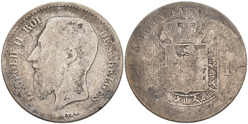 БЕЛЬГИЯ 1 ФРАНК 1867 ЛЕОПОЛЬД II (1865-1909), BELGES KM 28.1 серебро 4114-956