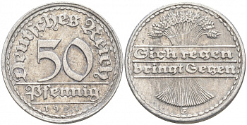 ГЕРМАНИЯ 50 ПФЕННИГОВ 1921 G KM 27, J. 301 алюминий 73-1624