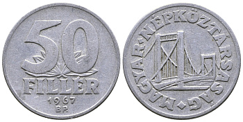Венгрия 50 филлеров 1967 BP мост Елизаветы в Будапеште KM 574 алюминий 25-2223