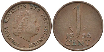 НИДЕРЛАНДЫ 1 ЦЕНТ 1956 ЮЛИАНА KM 180 бронза 206-1115